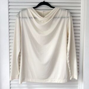 Vintage 1970s 70s Ivory Nylon Loose Draped Semi-Sheer Long Sleeve Cowl Top S M